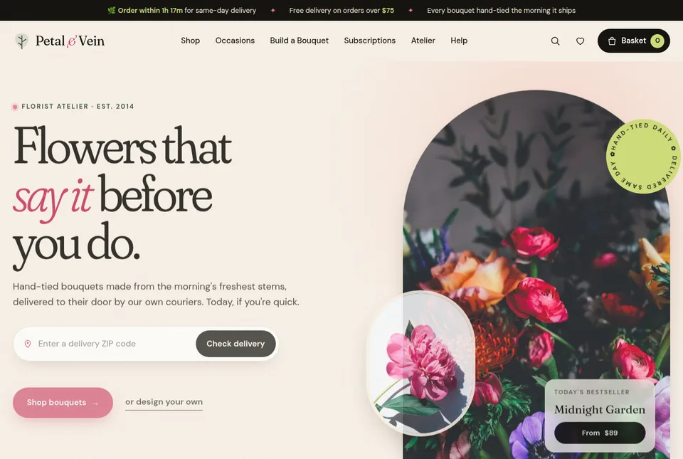 Petal and Vein concept site: elegant serif headline 'Flowers that say it before you do' beside an arched bouquet photo